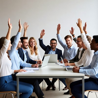 Diverse team raising hands in meeting
