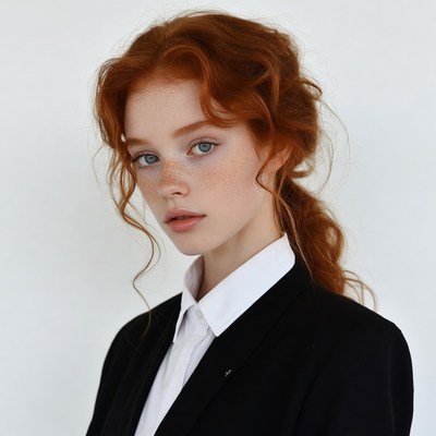 Redhead woman in black suit