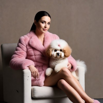 Woman holding fluffy dog in pink fur coat