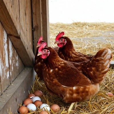 Chickens Standing by Eggs in Barn