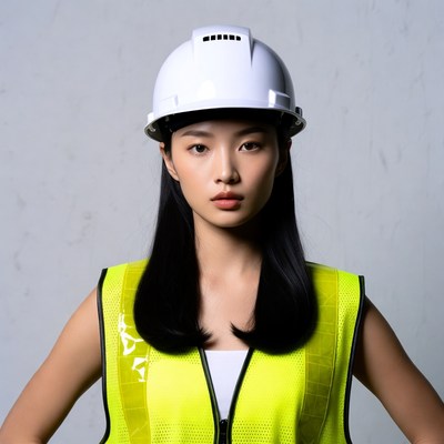 Asian woman in hard hat and vest