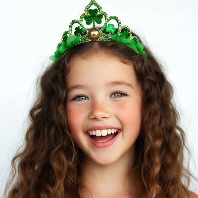 Girl wearing green shamrock crown