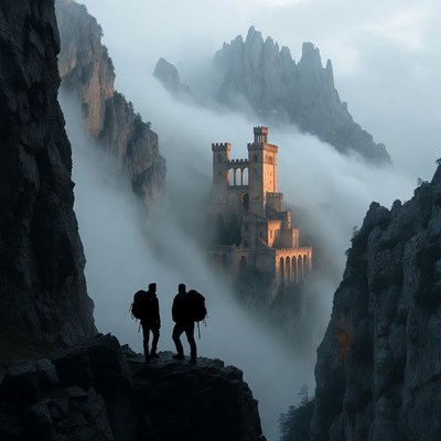 Two Backpackers Silhouetted Before Misty Castle