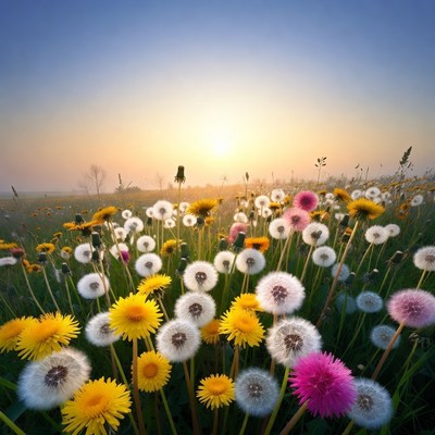 Colorful Dandelion Field at Sunset