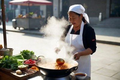 Asian woman cooking at street food stall