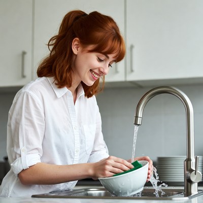 Redhead woman washing dish in kitchen