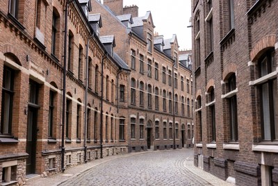 Curving Cobblestone Street with Brick Buildings