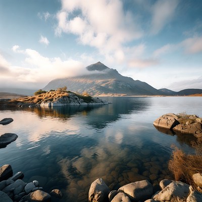 Mountain reflected in calm lake