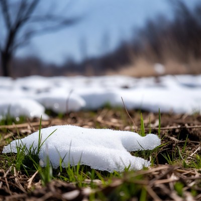 Snow patches on green grass