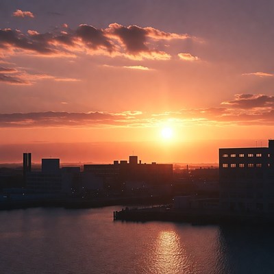 Sunset over city skyline and water