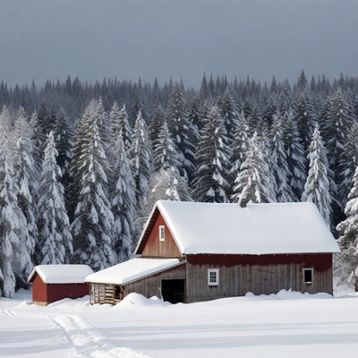 Red Barn in Snowy Forest
