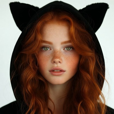 Redhead woman in cat ear hoodie
