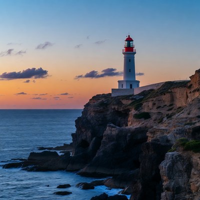 White lighthouse on cliff at sunset