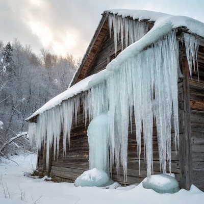 Icy Wooden Cabin in Snowy Forest