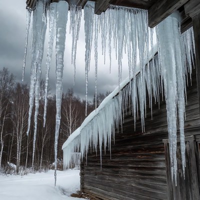 Icicles hanging from wooden cabin roof