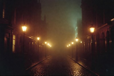 Foggy Street Lined with Gas Lamps