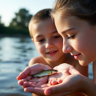 Boy and girl holding small fish