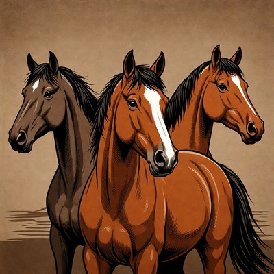 Three Brown Horses Illustration