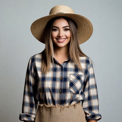 Woman in straw hat and plaid shirt