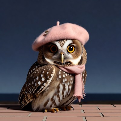 Owl wearing pink beret and scarf
