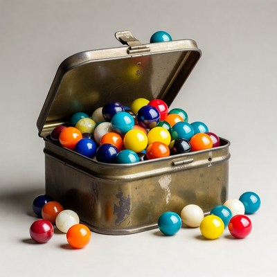 Open tin box of colorful marbles