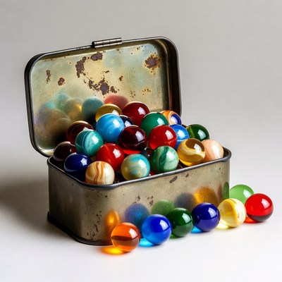 Colorful Marbles in Rusty Tin Box