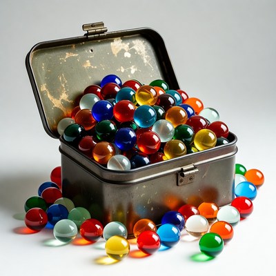 Colorful Marbles in Open Metal Box