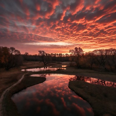 Vibrant Sunset Over Autumn Pond Reflection
