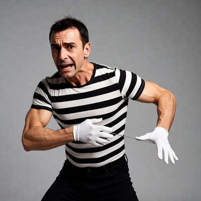 Man in mime costume pulling invisible rope