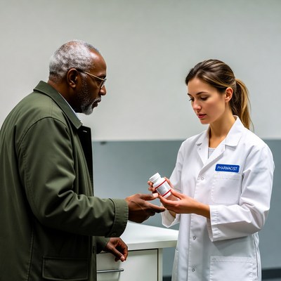 Pharmacist handing pill bottle to elderly man