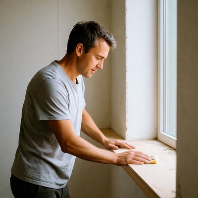 Man sanding window sill