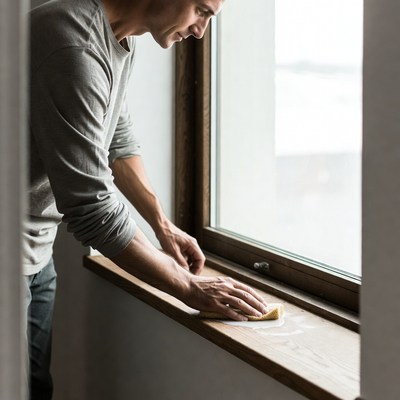 Man cleaning wooden windowsill