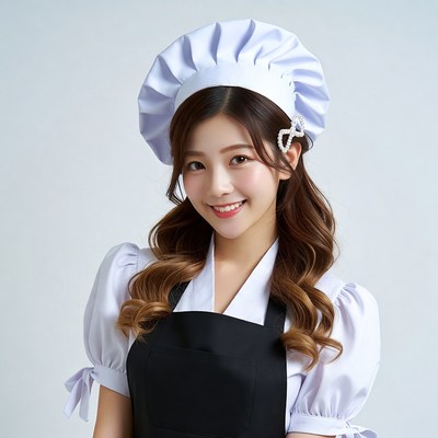 Asian woman in chef hat and apron