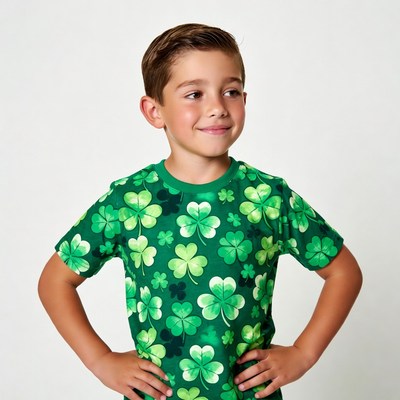 Boy in shamrock t-shirt posing
