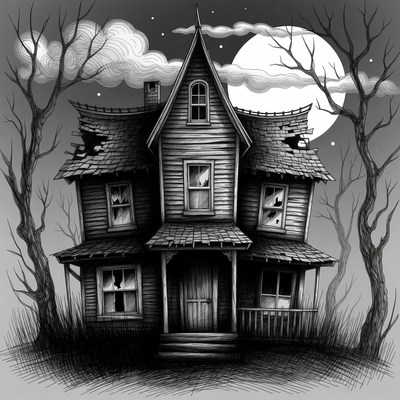 Haunted House Under Full Moon