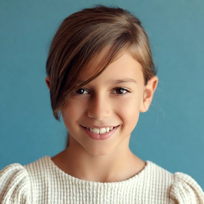 Smiling girl with bangs on blue background