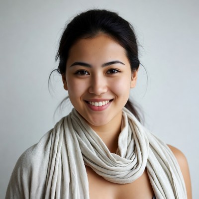 Asian woman smiling with white scarf