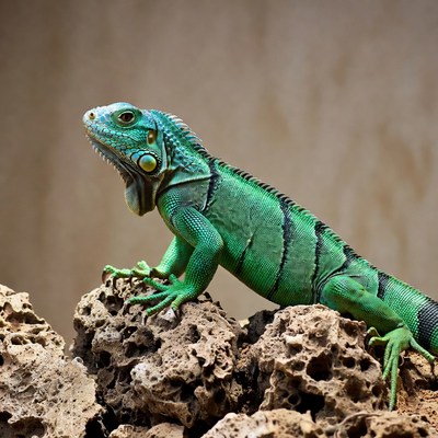 Green iguana on rocks