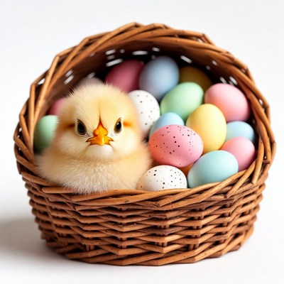 Chick in Easter basket with eggs
