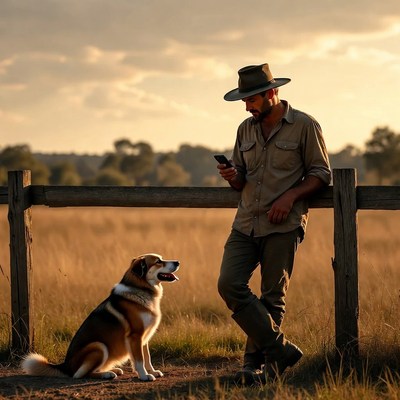 Man with dog at sunset fence