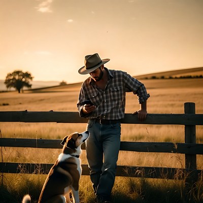 Cowboy leaning on fence with dog