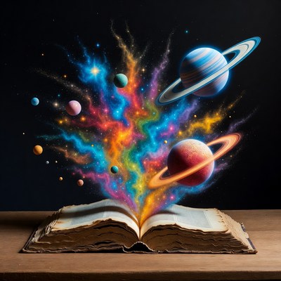 Open Book Releasing Colorful Planets