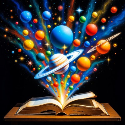 Open Book Exploding with Colorful Planets