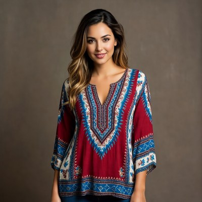 Woman in red boho V-neck blouse