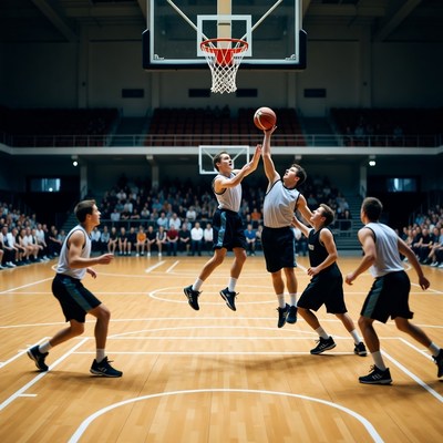 Basketball players jumping for ball