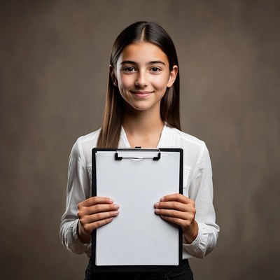 Teen girl holding blank clipboard