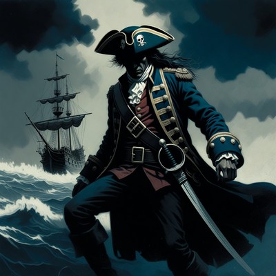 Pirate captain with sword on stormy sea