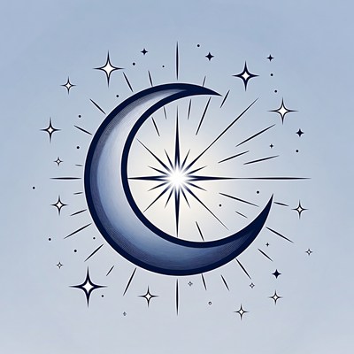 Crescent Moon with Stars and Rays