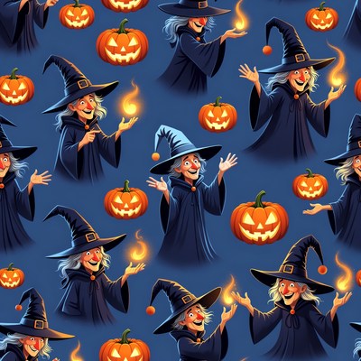 Cartoon witches with pumpkins pattern