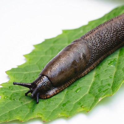 Brown slug on green leaf